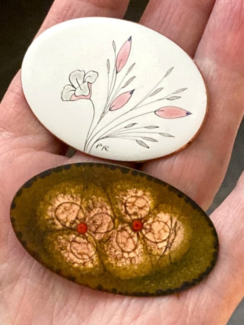 Floral brooch pair handcrafted in enamelled copper